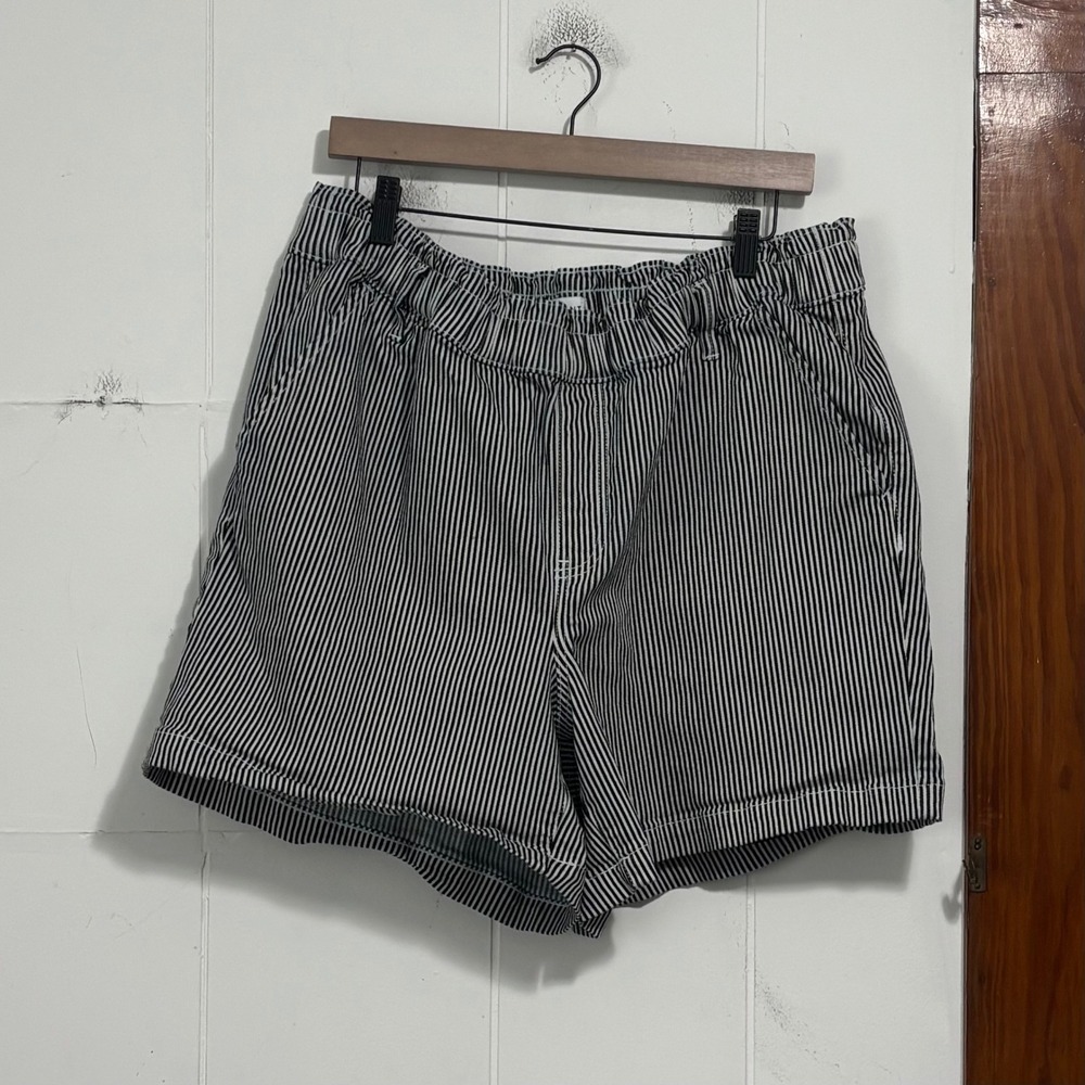 Lane Bryant Women 14 Navy White Striped Elastic Waist Pull On Shorts Cotton